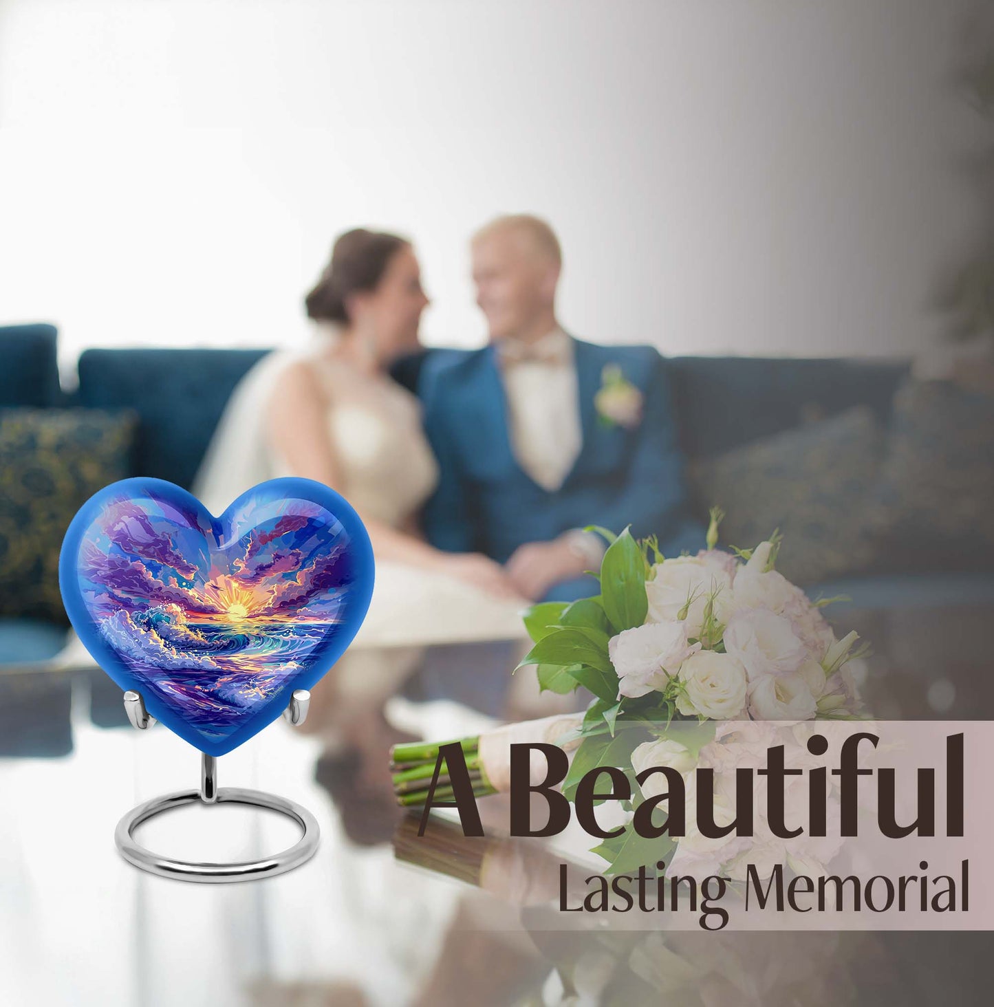 Ocean waves themed aluminum heart urn for adult male ashes