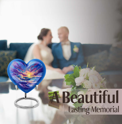 Ocean waves themed aluminum heart urn for adult male ashes