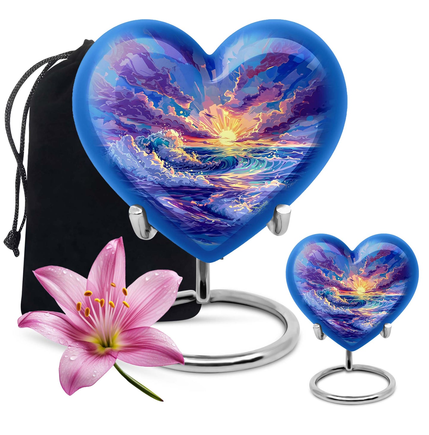 Ocean waves themed aluminum heart urn for adult male ashes