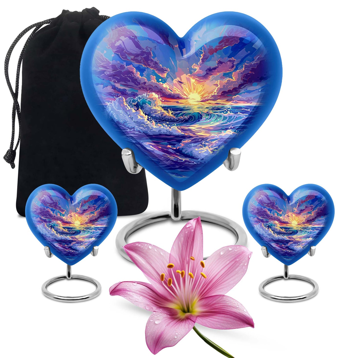 Ocean waves themed aluminum heart urn for adult male ashes
