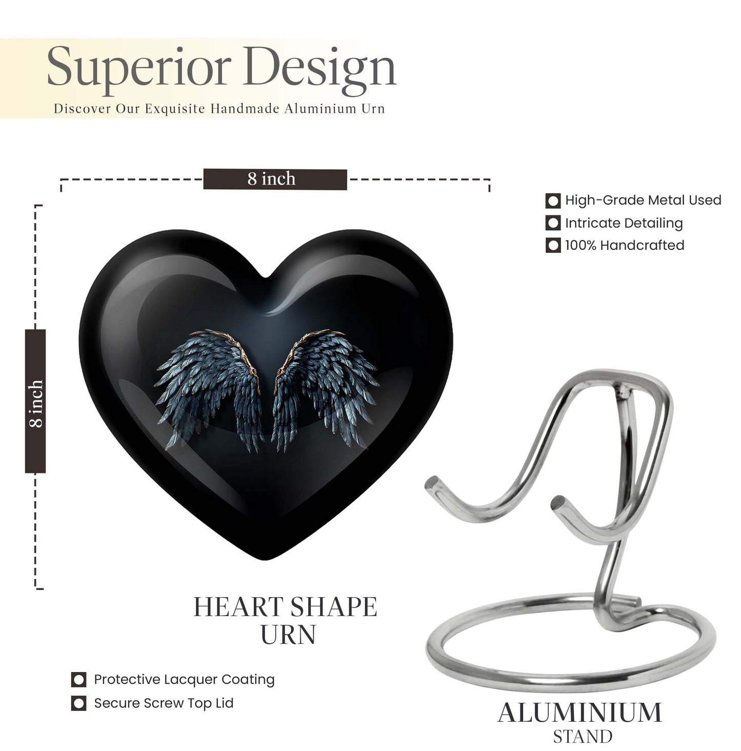 10-inch wings blue Heart Urn with butterfly theme for human ashes, customization available
