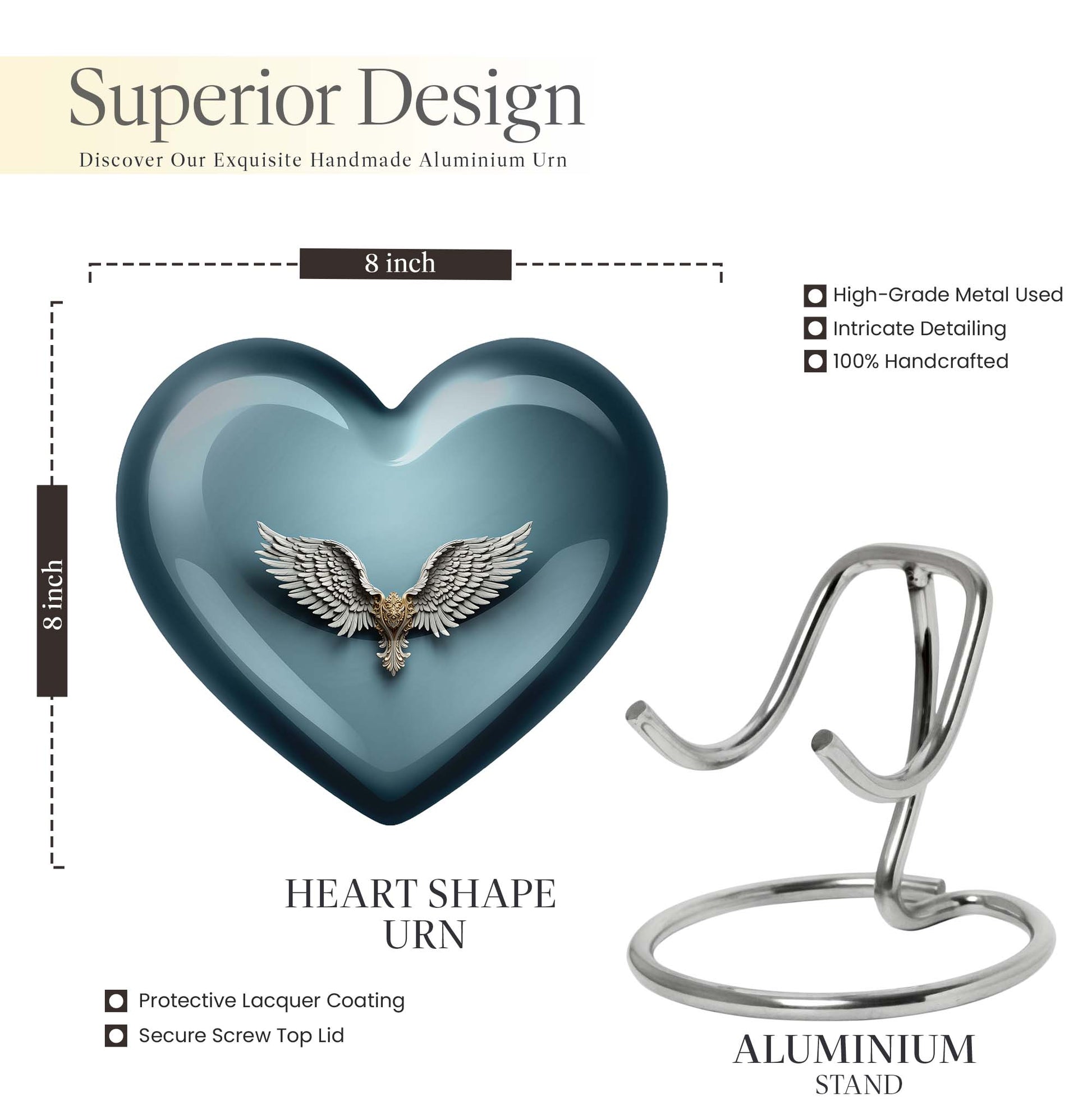 10-inch heart-shaped, wings blue urn for memorial or burial use