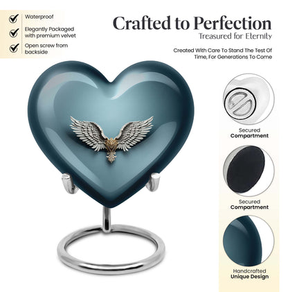 10-inch heart-shaped, wings blue urn for memorial or burial use
