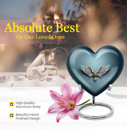 10-inch heart-shaped, wings blue urn for memorial or burial use