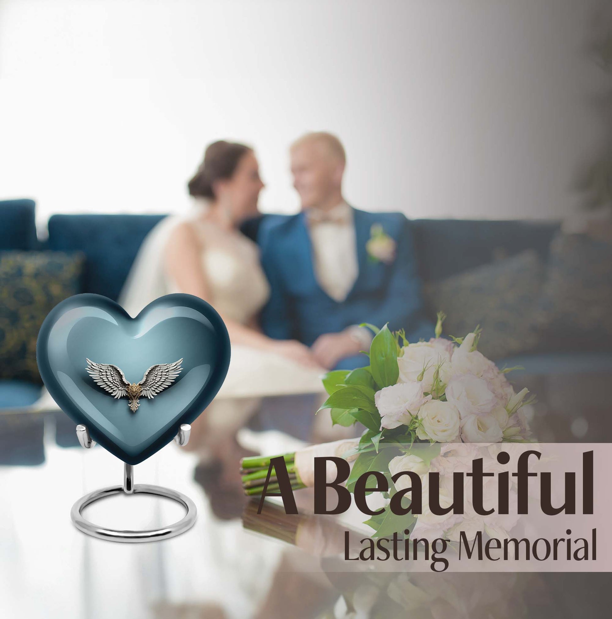 10-inch heart-shaped, wings blue urn for memorial or burial use