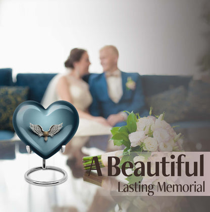 10-inch heart-shaped, wings blue urn for memorial or burial use