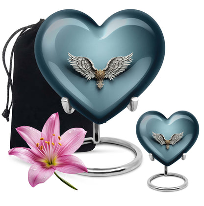 10-inch heart-shaped, wings blue urn for memorial or burial use