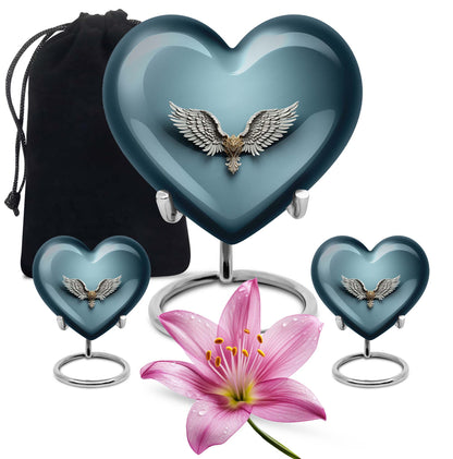 10-inch heart-shaped, wings blue urn for memorial or burial use