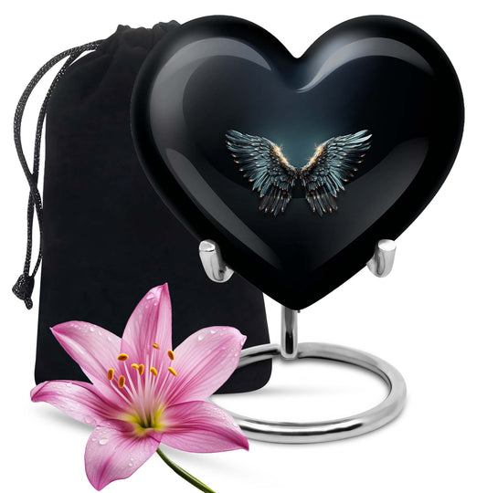 Wings blue heart urn with butterfly theme, designed for adult cremation ashes