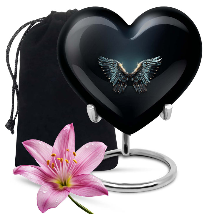 Wings blue heart urn with butterfly theme, designed for adult cremation ashes