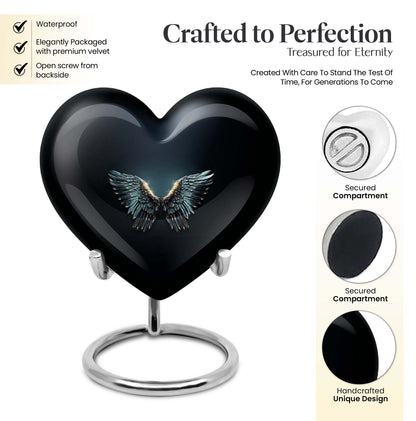 Wings blue heart urn with butterfly theme, designed for adult cremation ashes