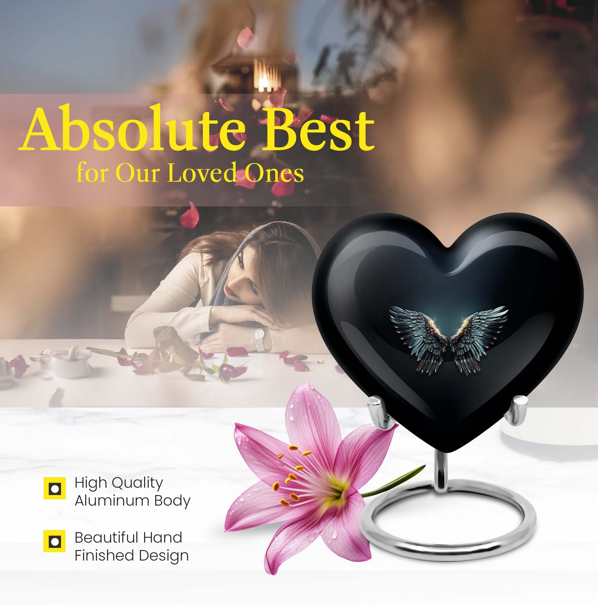 Wings blue heart urn with butterfly theme, designed for adult cremation ashes