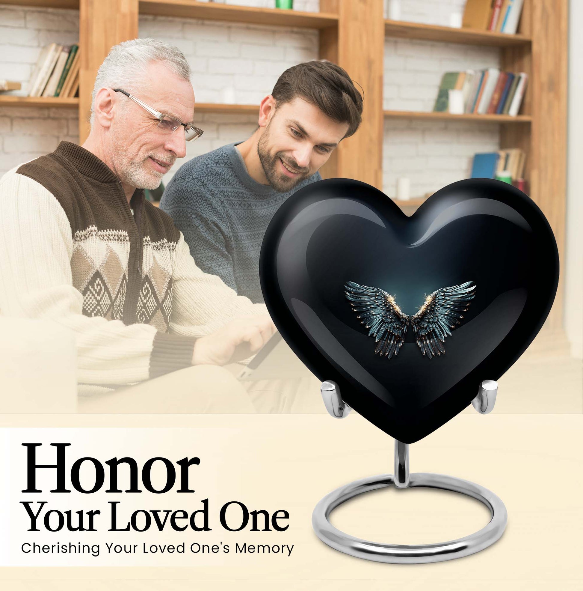 Wings blue heart urn with butterfly theme, designed for adult cremation ashes