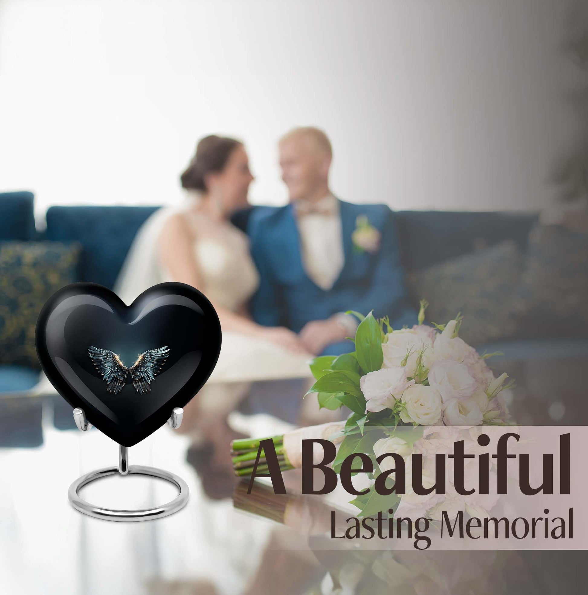 Wings blue heart urn with butterfly theme, designed for adult cremation ashes