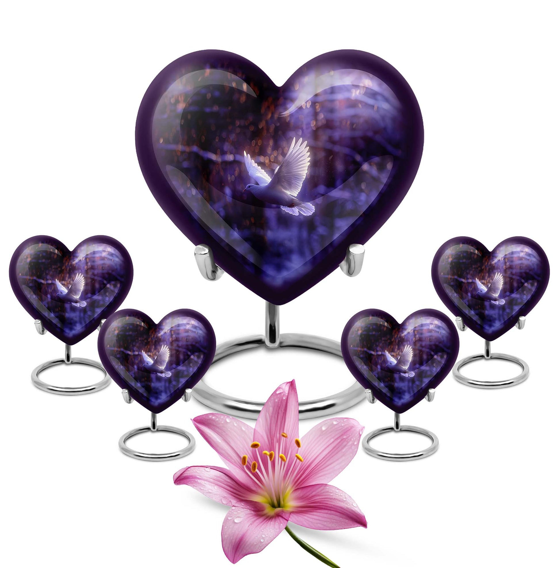 White Dove On Purple Theme Large Urn With 4 Keepsake Urn