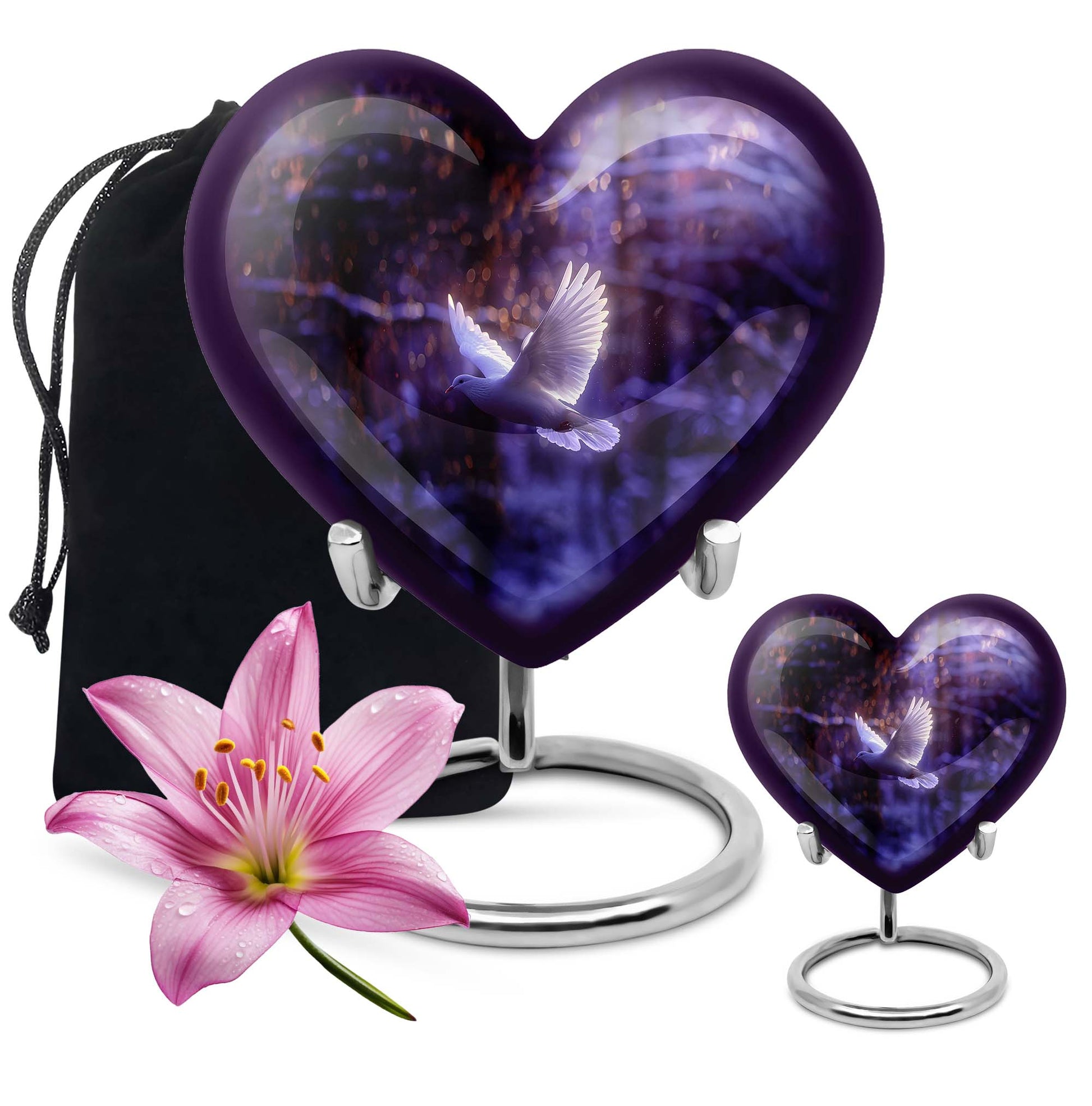 White Dove On Purple Theme Large Urn With 1 Keepsake Urn