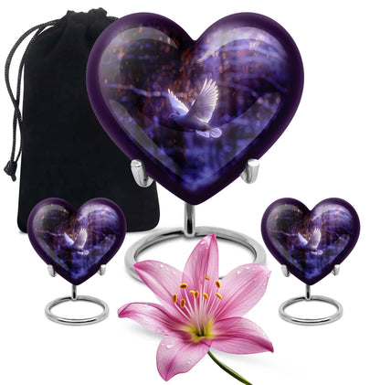 White Dove On Purple Theme Large Urn With 2 Keepsake Urn