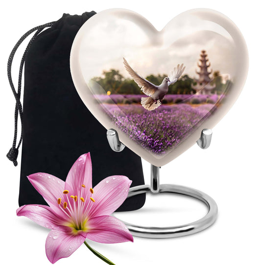 heart-shaped purple urn with white dove
