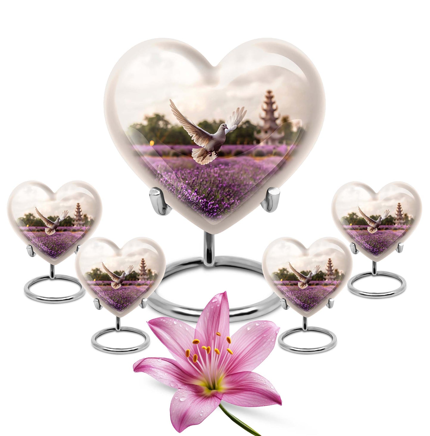 10-inch heart-shaped purple urn with white dove and butterfly theme, includes velvet pouch