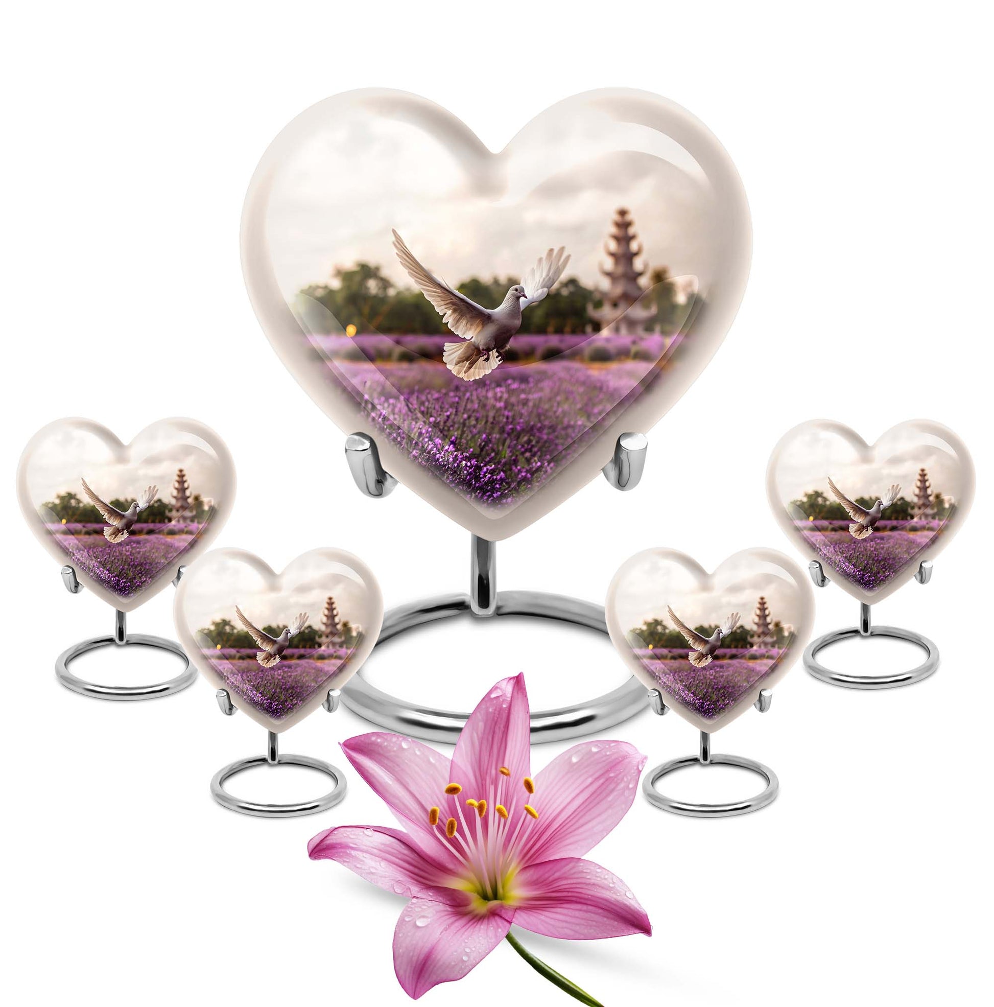 White Dove On Purple Theme Large Urn With 4 Keepsake Urn
