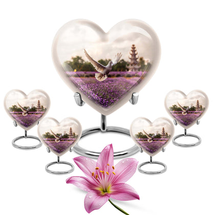 White Dove On Purple Theme Large Urn With 4 Keepsake Urn