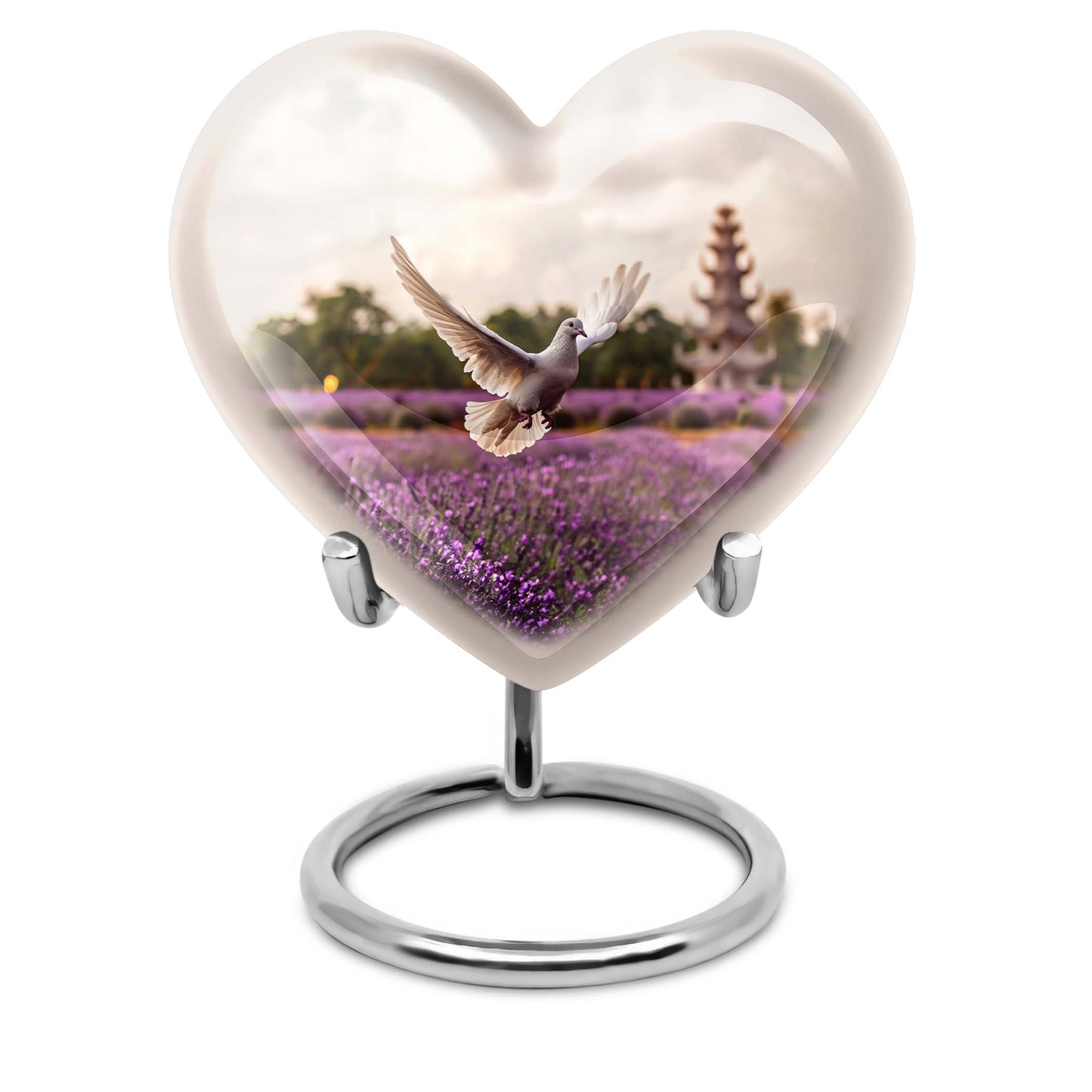 10-inch heart-shaped purple urn with white dove and butterfly theme, includes velvet pouch