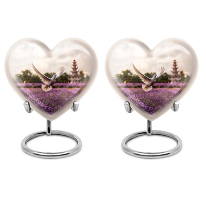 10-inch heart-shaped purple urn with white dove and butterfly theme, includes velvet pouch