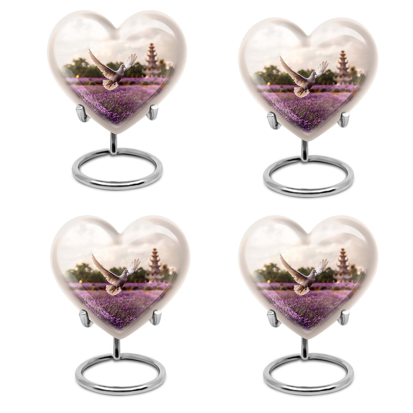 10-inch heart-shaped purple urn with white dove and butterfly theme, includes velvet pouch