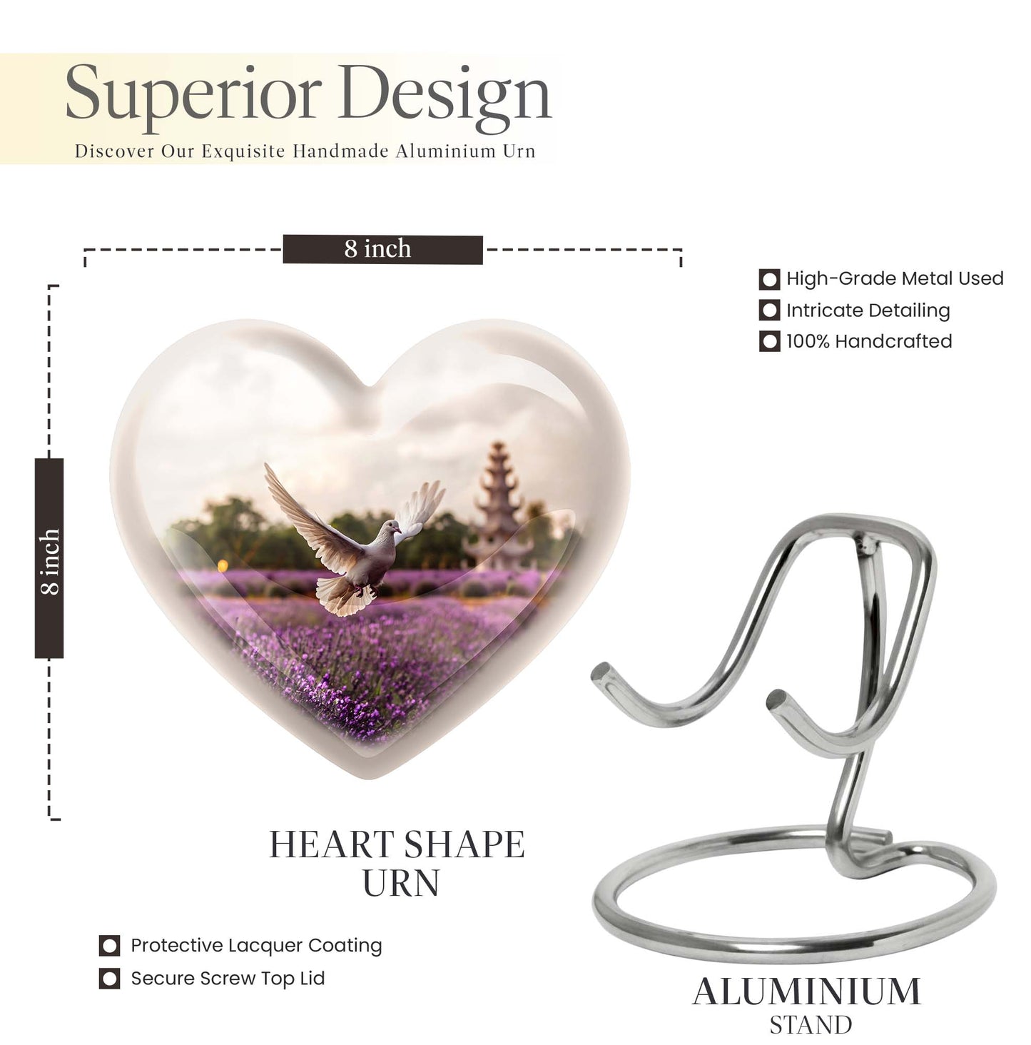 10-inch heart-shaped purple urn with white dove and butterfly theme, includes velvet pouch
