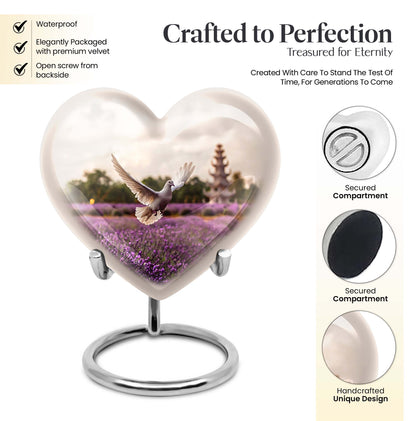 10-inch heart-shaped purple urn with white dove and butterfly theme, includes velvet pouch
