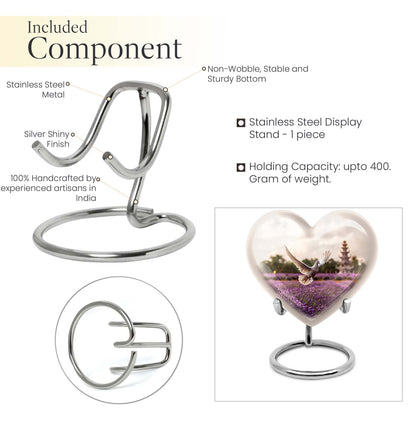 10-inch heart-shaped purple urn with white dove and butterfly theme, includes velvet pouch