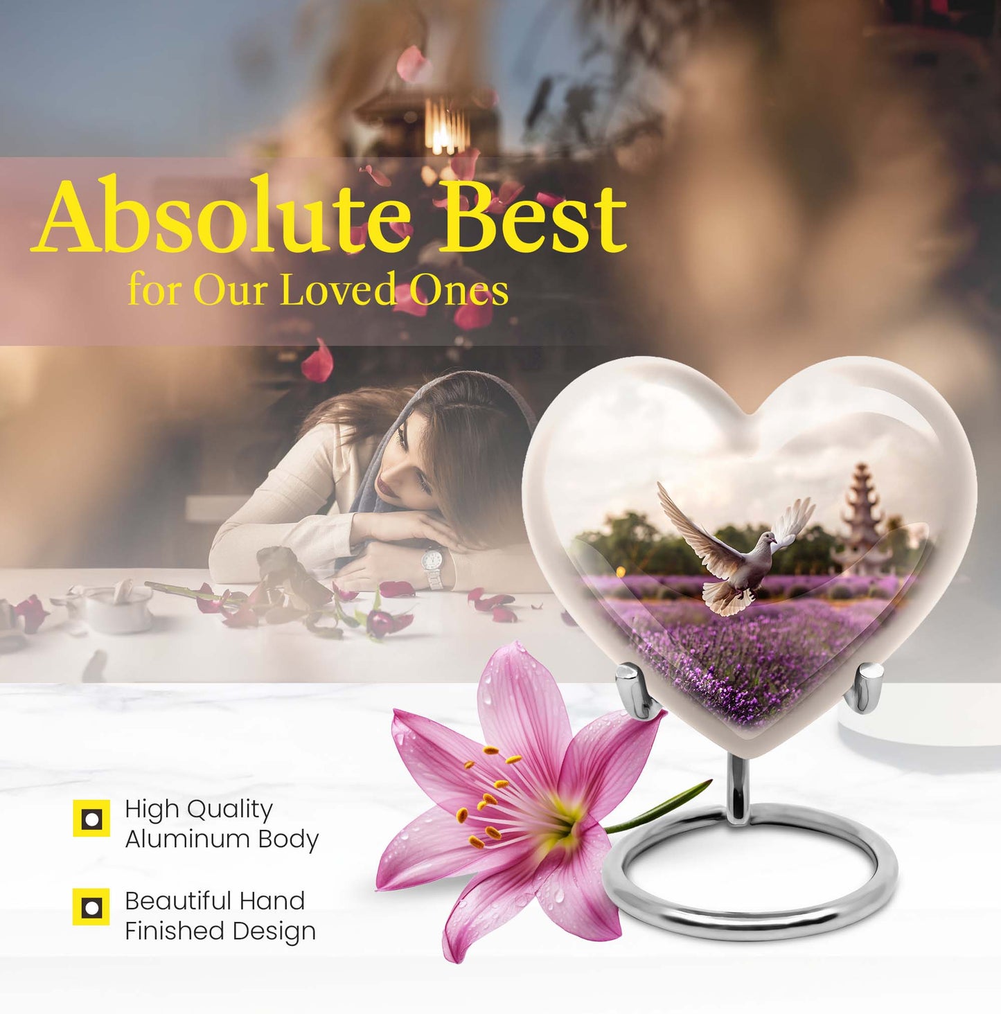 10-inch heart-shaped purple urn with white dove and butterfly theme, includes velvet pouch