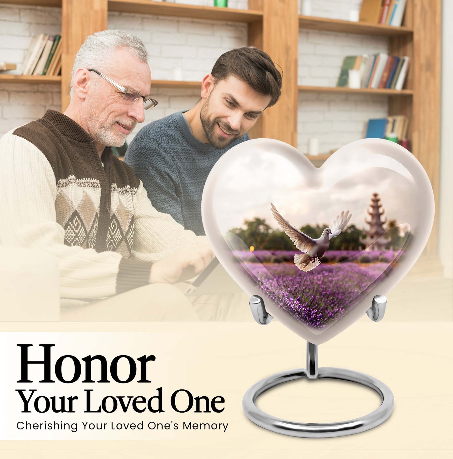 10-inch heart-shaped purple urn with white dove and butterfly theme, includes velvet pouch