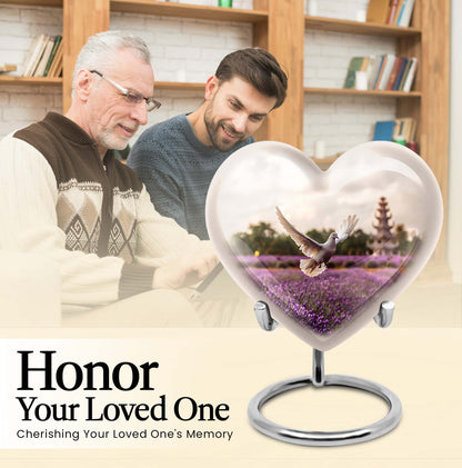 10-inch heart-shaped purple urn with white dove and butterfly theme, includes velvet pouch