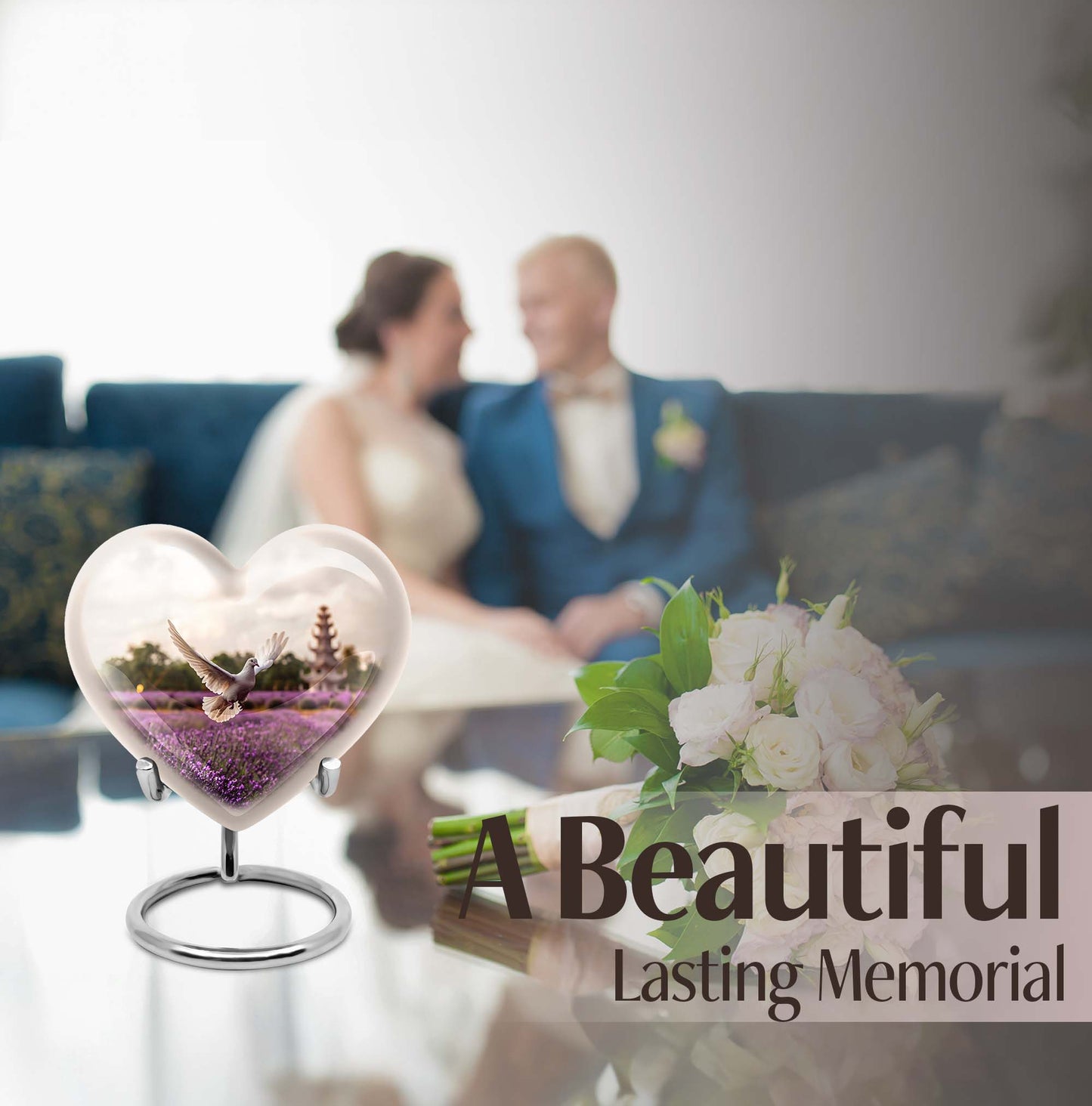 10-inch heart-shaped purple urn with white dove and butterfly theme, includes velvet pouch