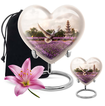 10-inch heart-shaped purple urn with white dove and butterfly theme, includes velvet pouch
