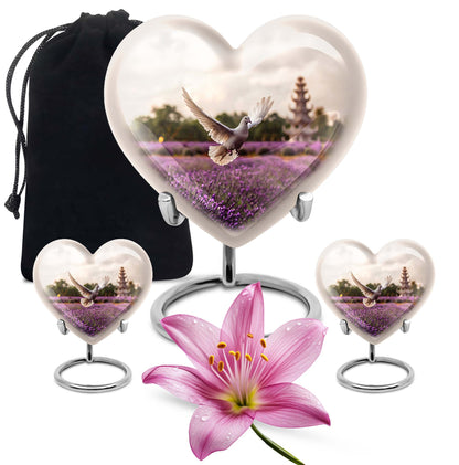 10-inch heart-shaped purple urn with white dove and butterfly theme, includes velvet pouch