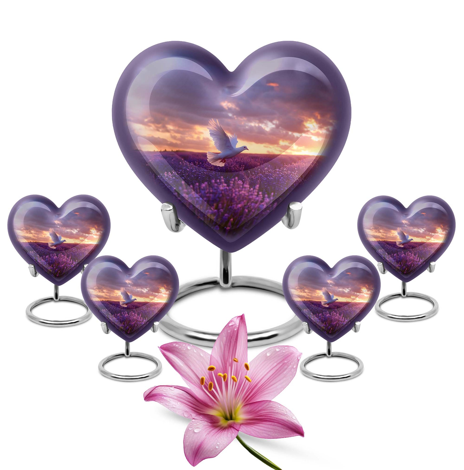 White Dove On Purple Theme Large Urn With 4 Keepsake Urn