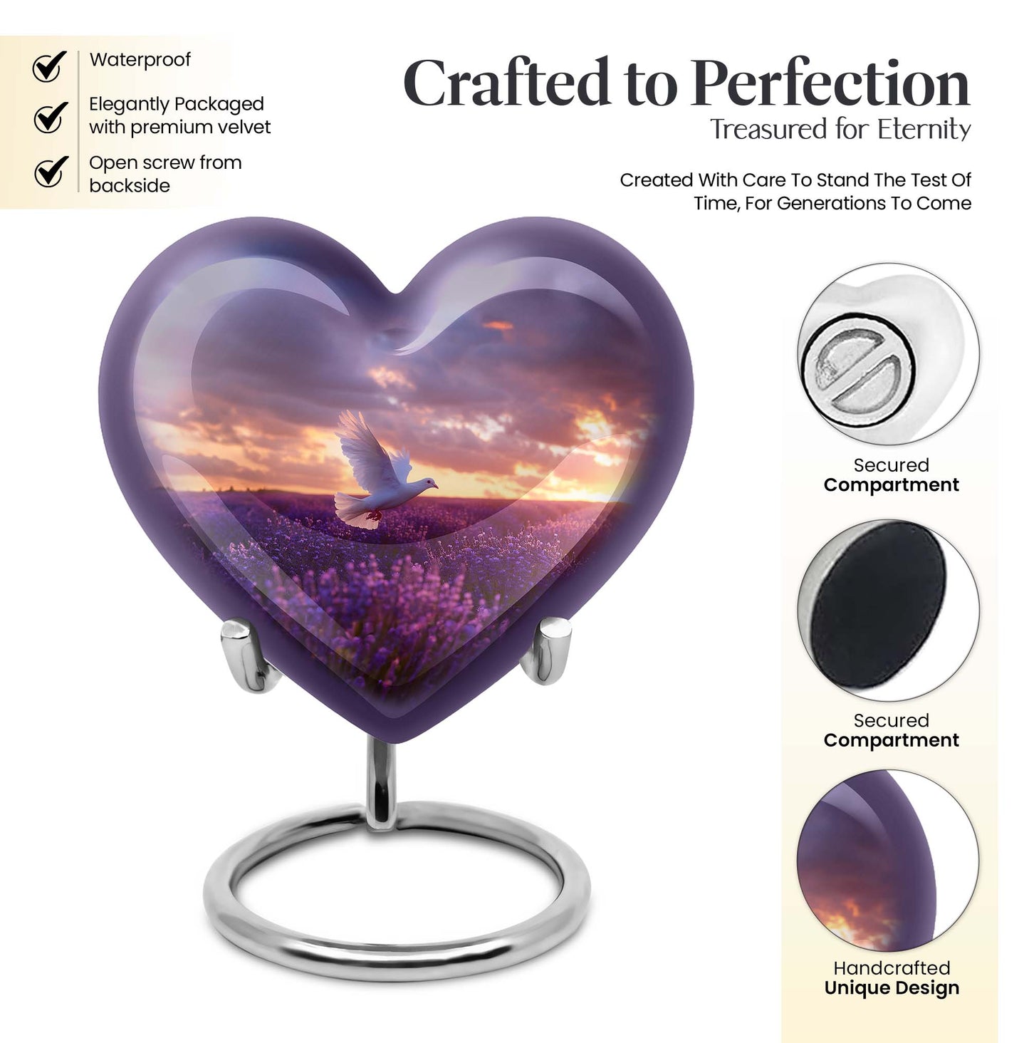 White dove heart-shaped cremation urn
