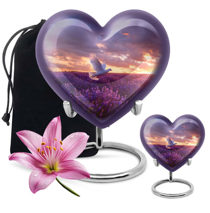 White Dove On Purple Theme Large Urn With 1 Keepsake Urn