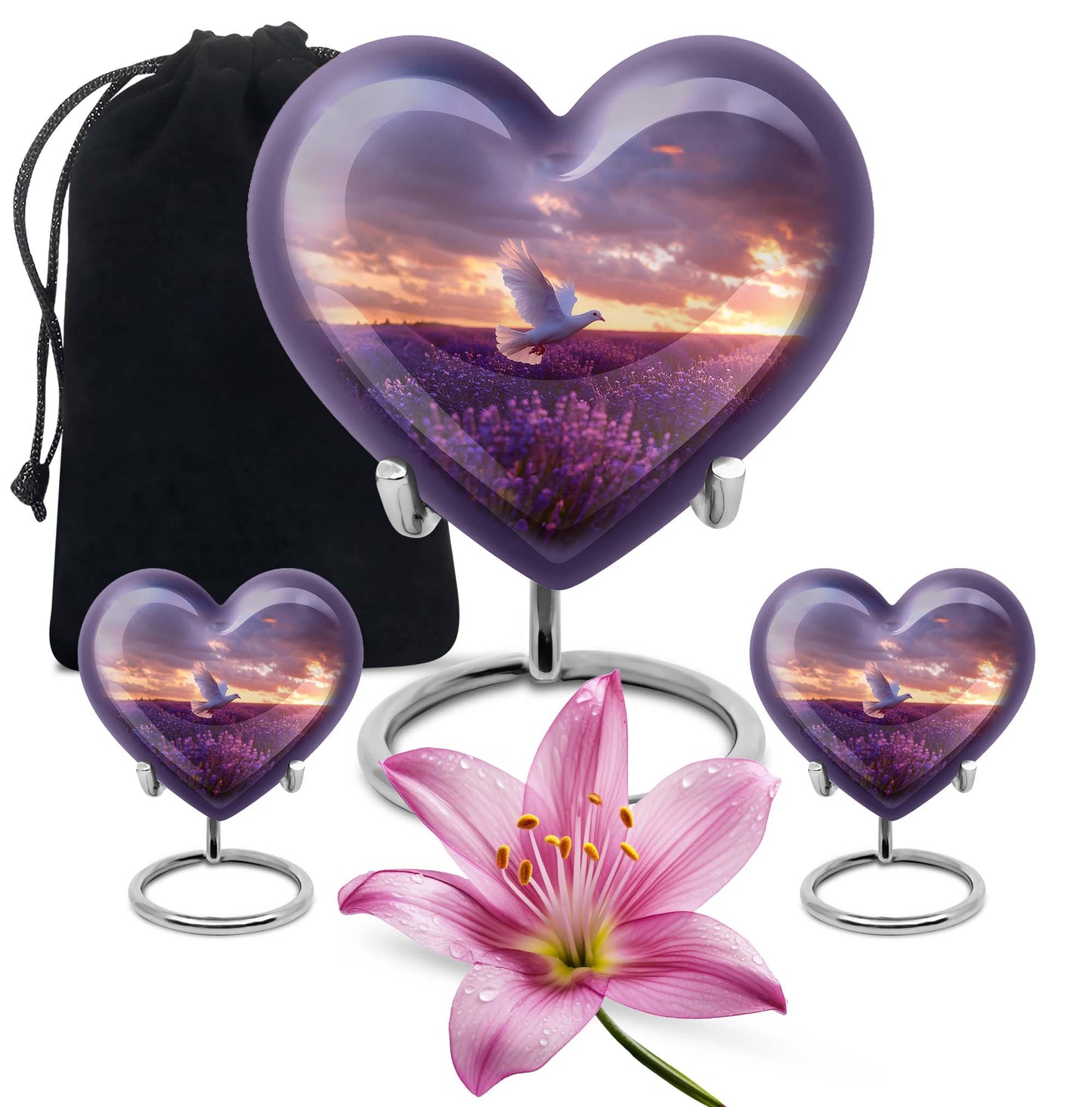 White Dove On Purple Theme Large Urn With 2 Keepsake Urn