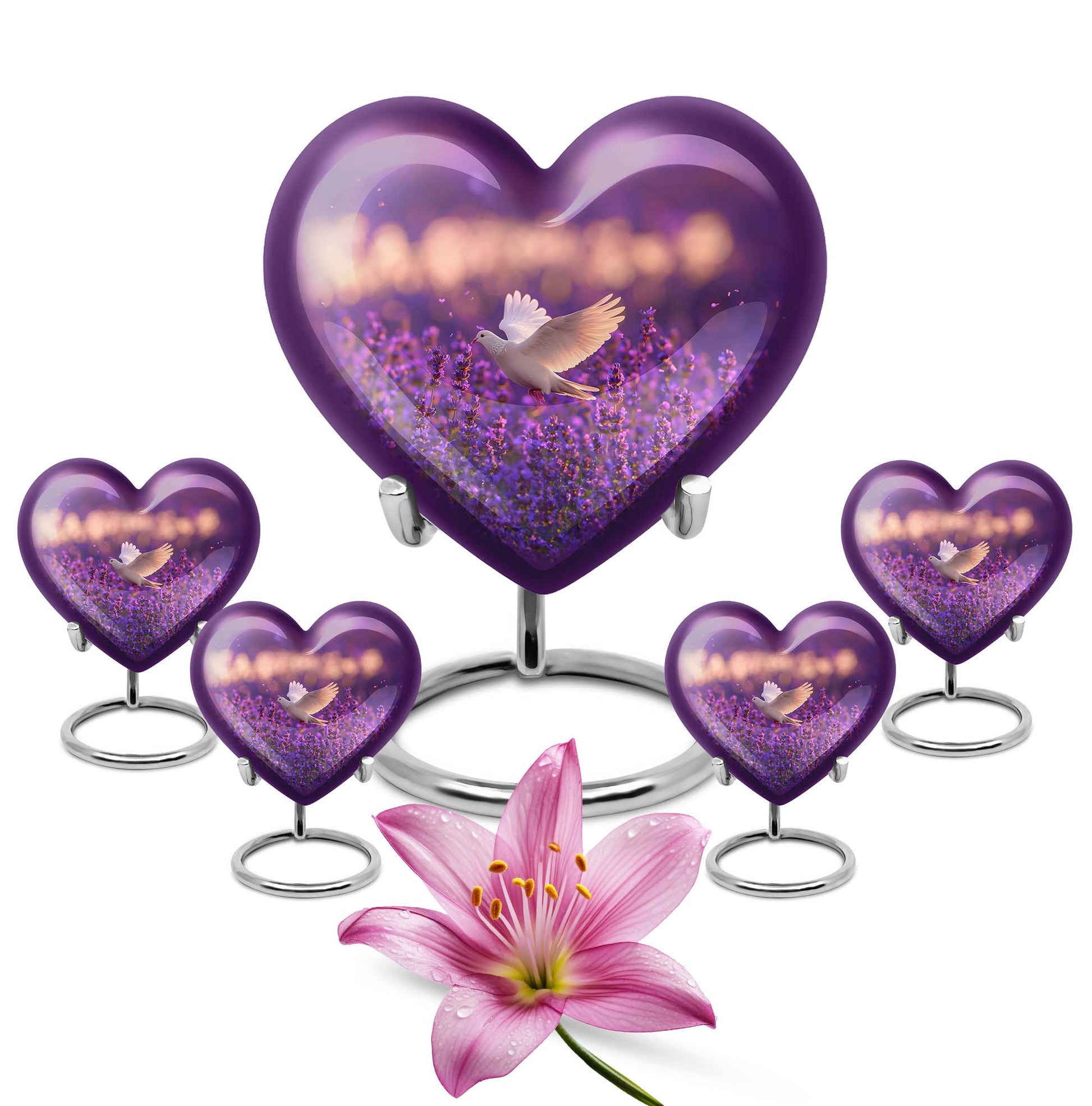 White Dove On Purple Theme Large Urn With 4 Keepsake Urn