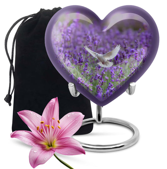 10-inch Large Heart Urn for ashes with white dove and butterfly theme, customizable name engraving