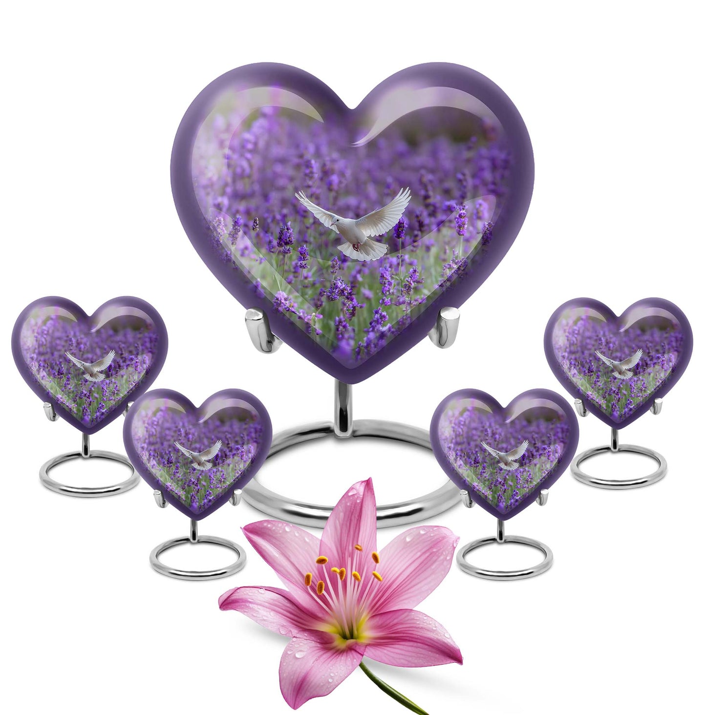 10-inch Large Heart Urn for ashes with white dove and butterfly theme, customizable name engraving
