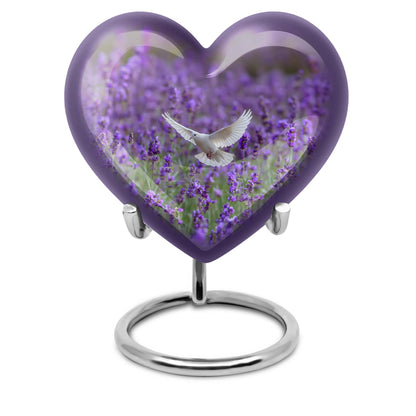 10-inch Large Heart Urn for ashes with white dove and butterfly theme, customizable name engraving