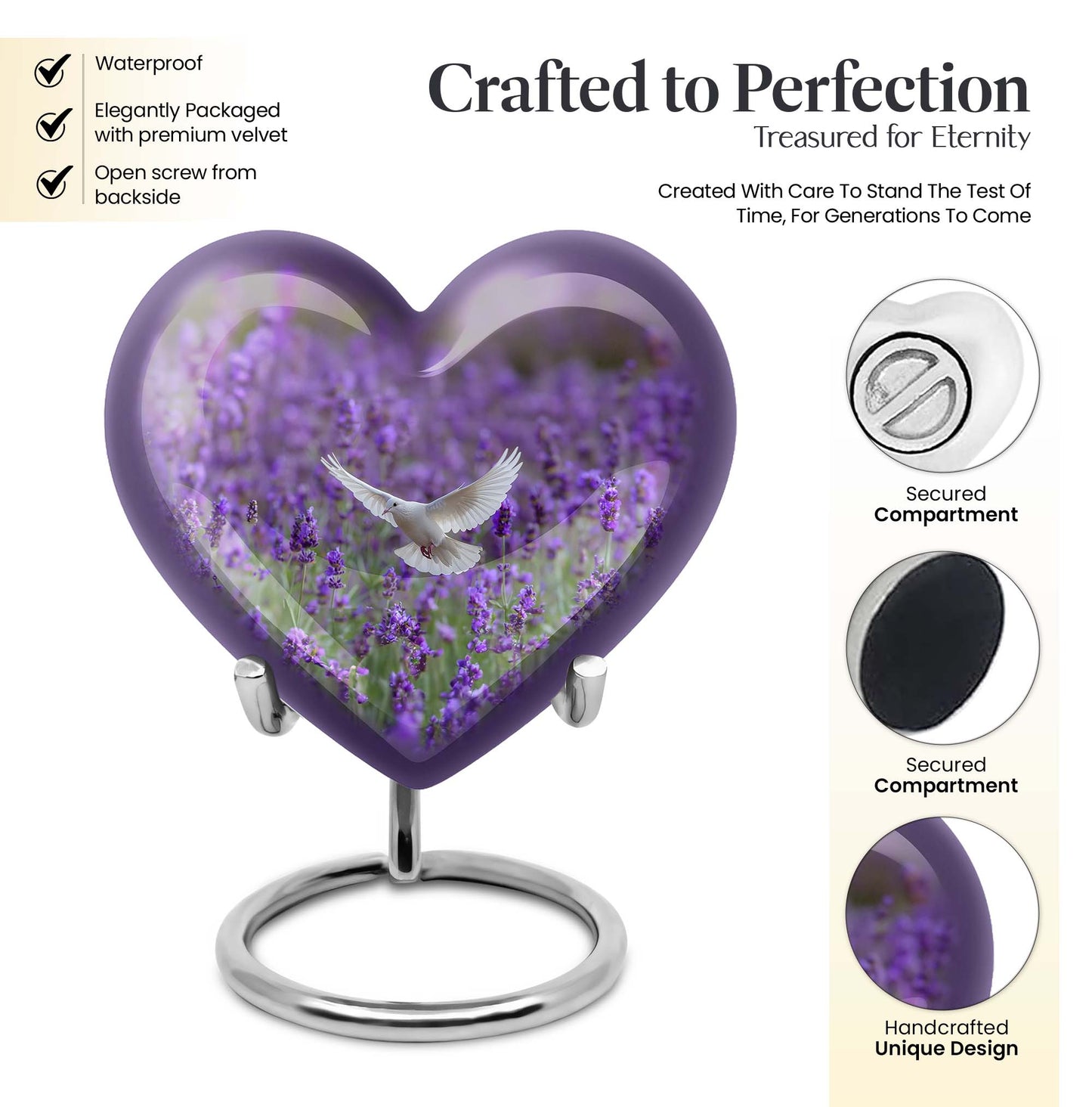 10-inch Large Heart Urn for ashes with white dove and butterfly theme, customizable name engraving