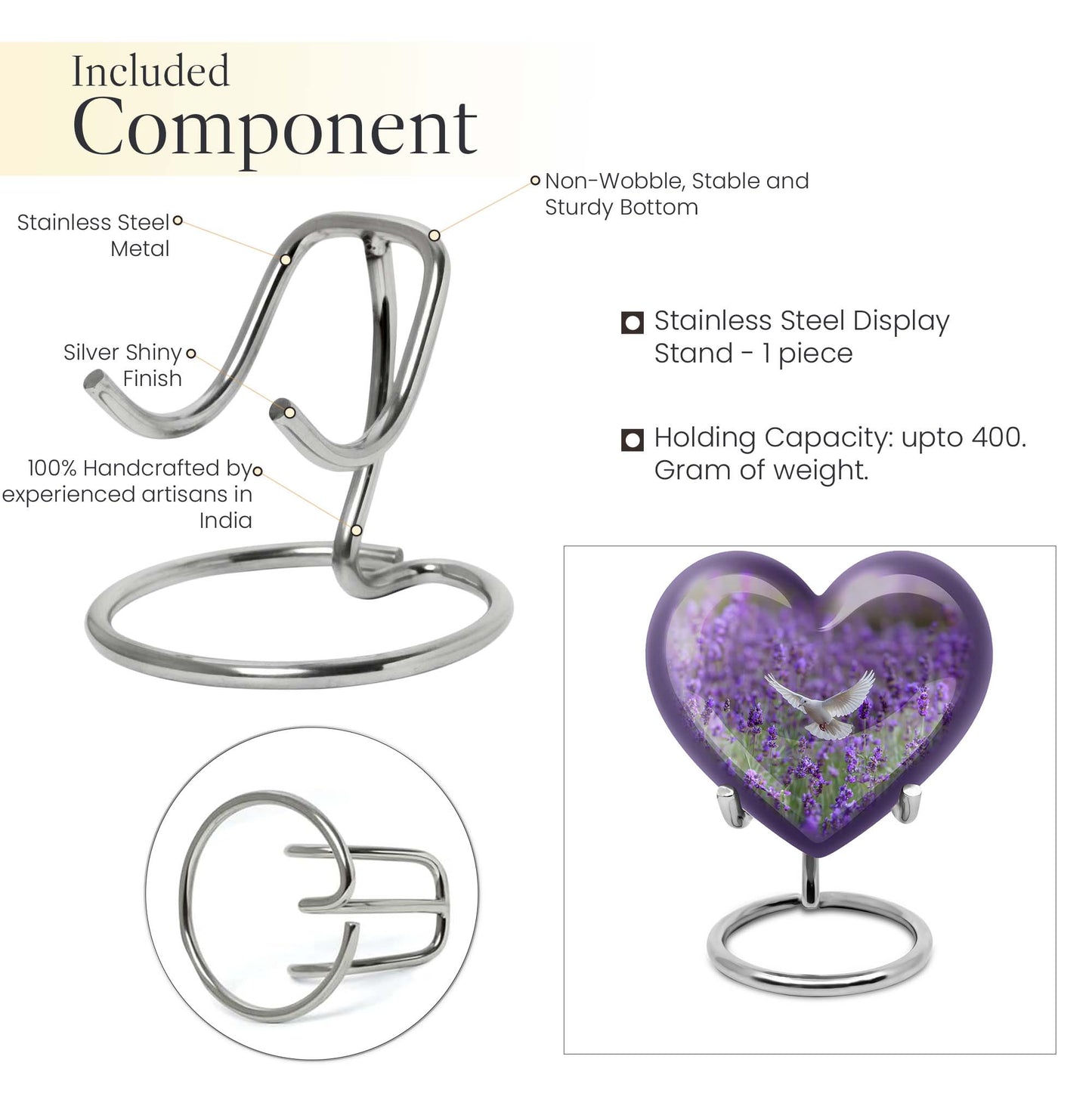 10-inch Large Heart Urn for ashes with white dove and butterfly theme, customizable name engraving