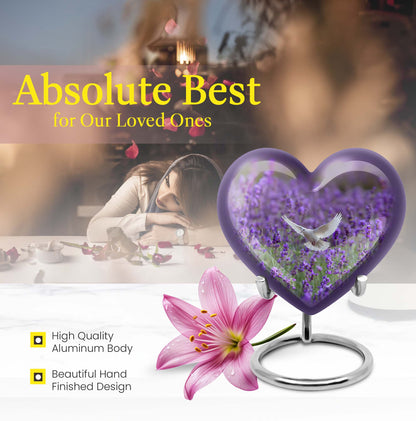 10-inch Large Heart Urn for ashes with white dove and butterfly theme, customizable name engraving
