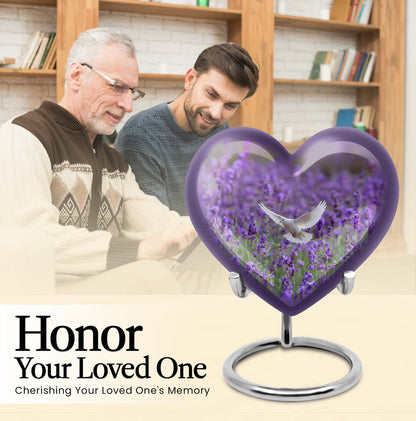 10-inch Large Heart Urn for ashes with white dove and butterfly theme, customizable name engraving