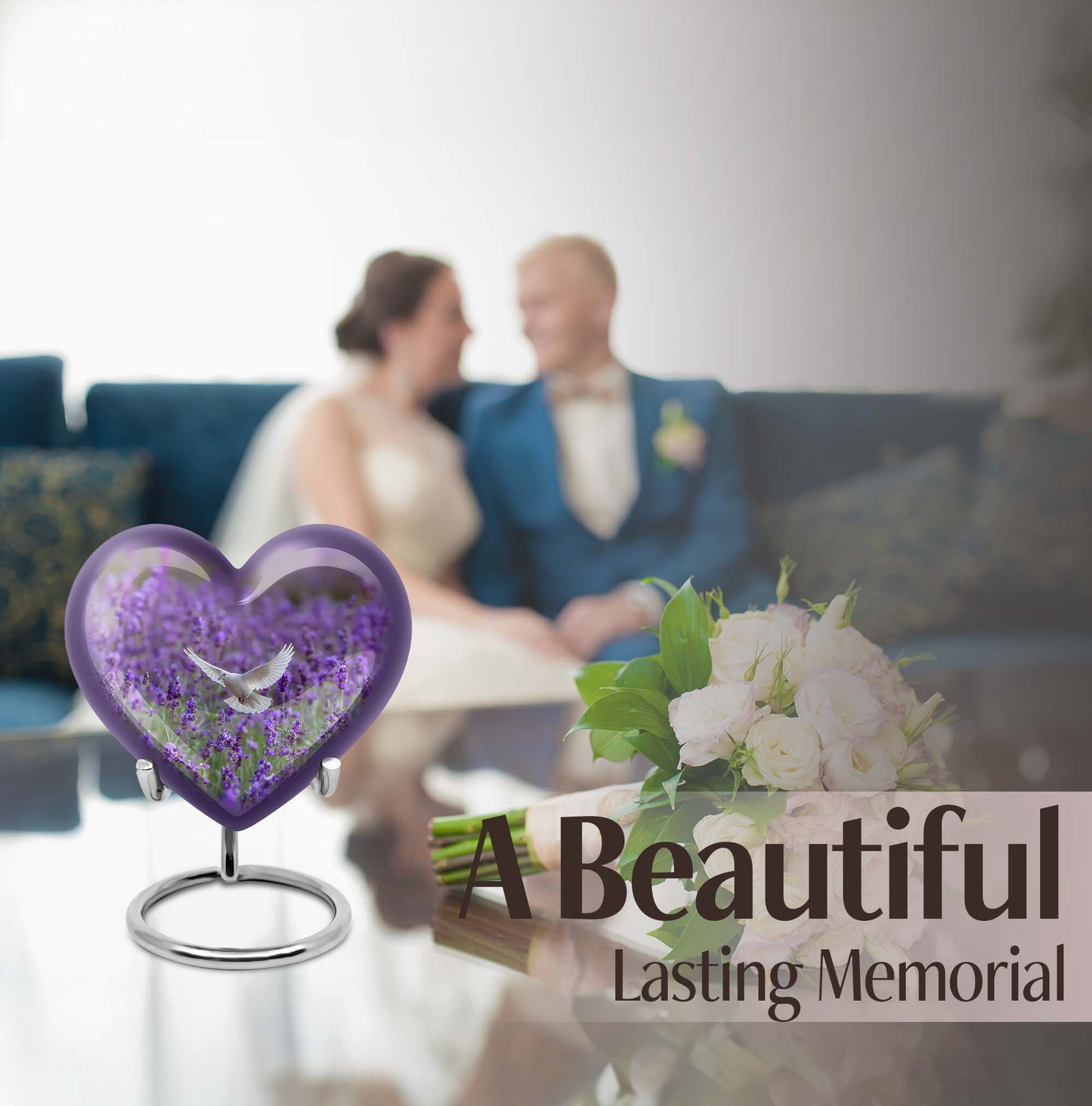 10-inch Large Heart Urn for ashes with white dove and butterfly theme, customizable name engraving